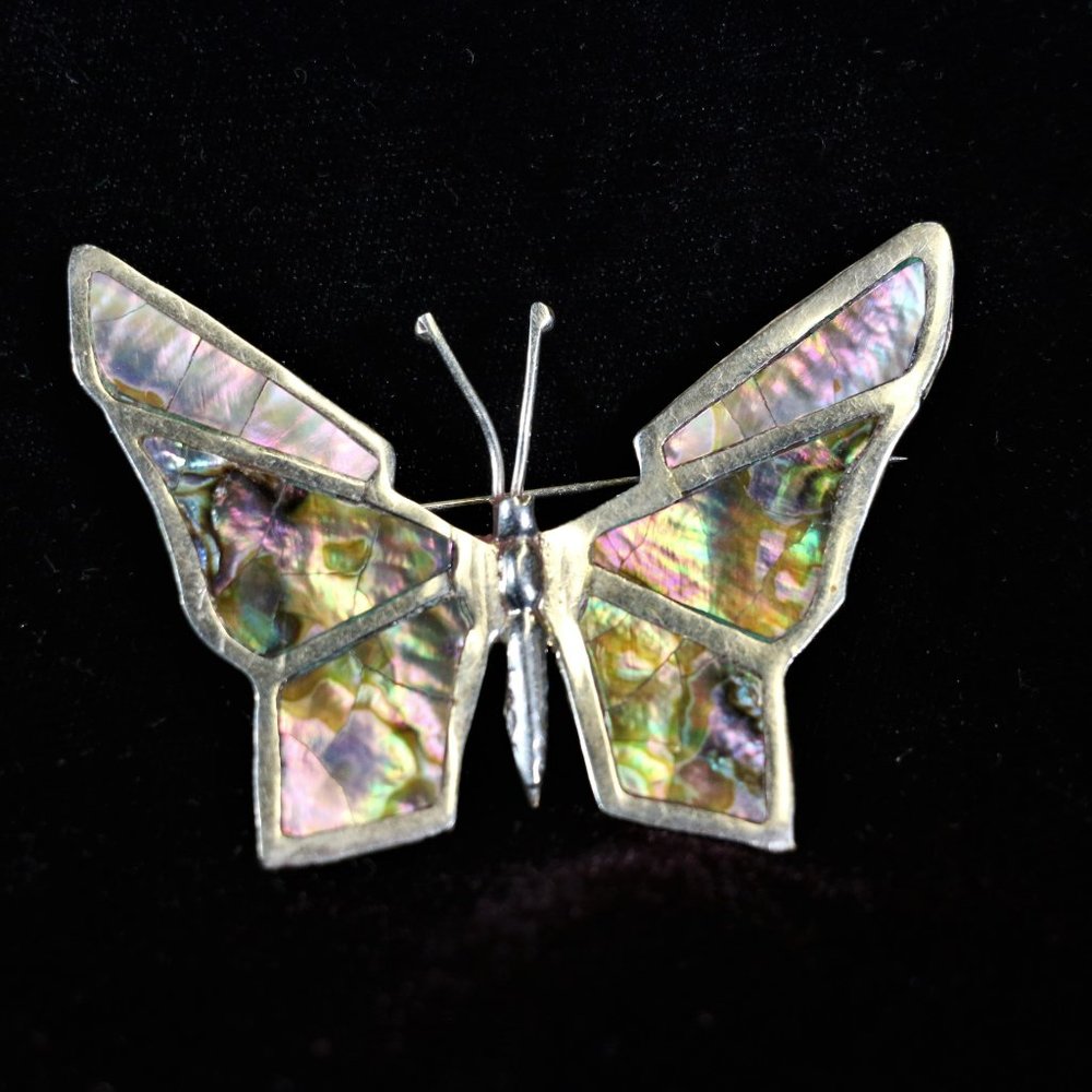 Vintage Butterfly Brooch/Pin - Sterling Silver Abalone Shell